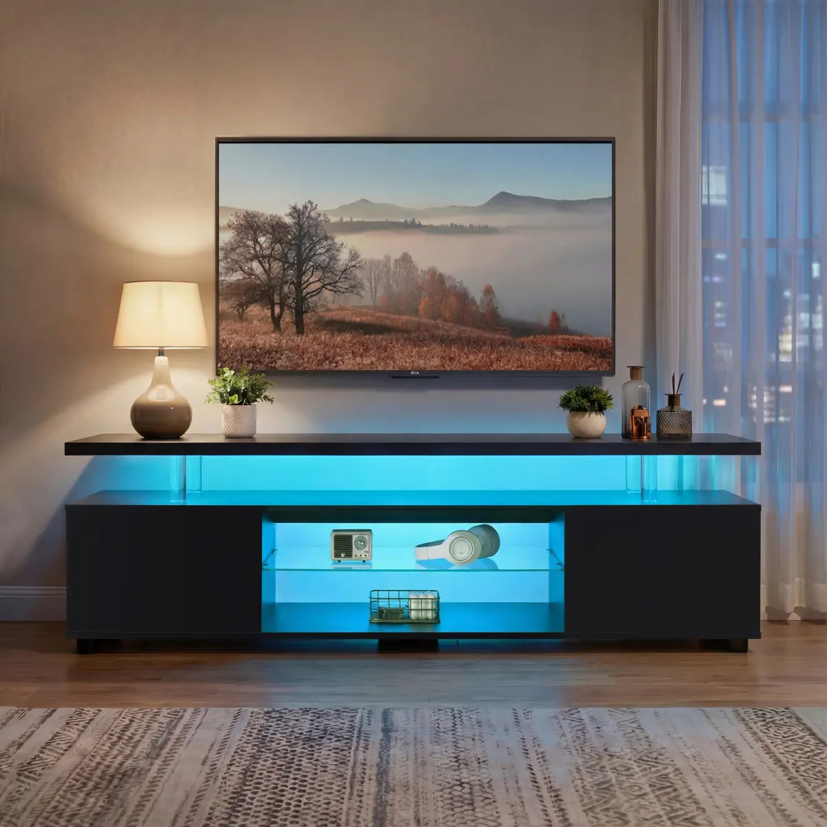 TV Stand for 60 Inch TV LED Gaming Entertainment Center Media Storage Console Table with Large Side Cabinet for Living Room( Black)