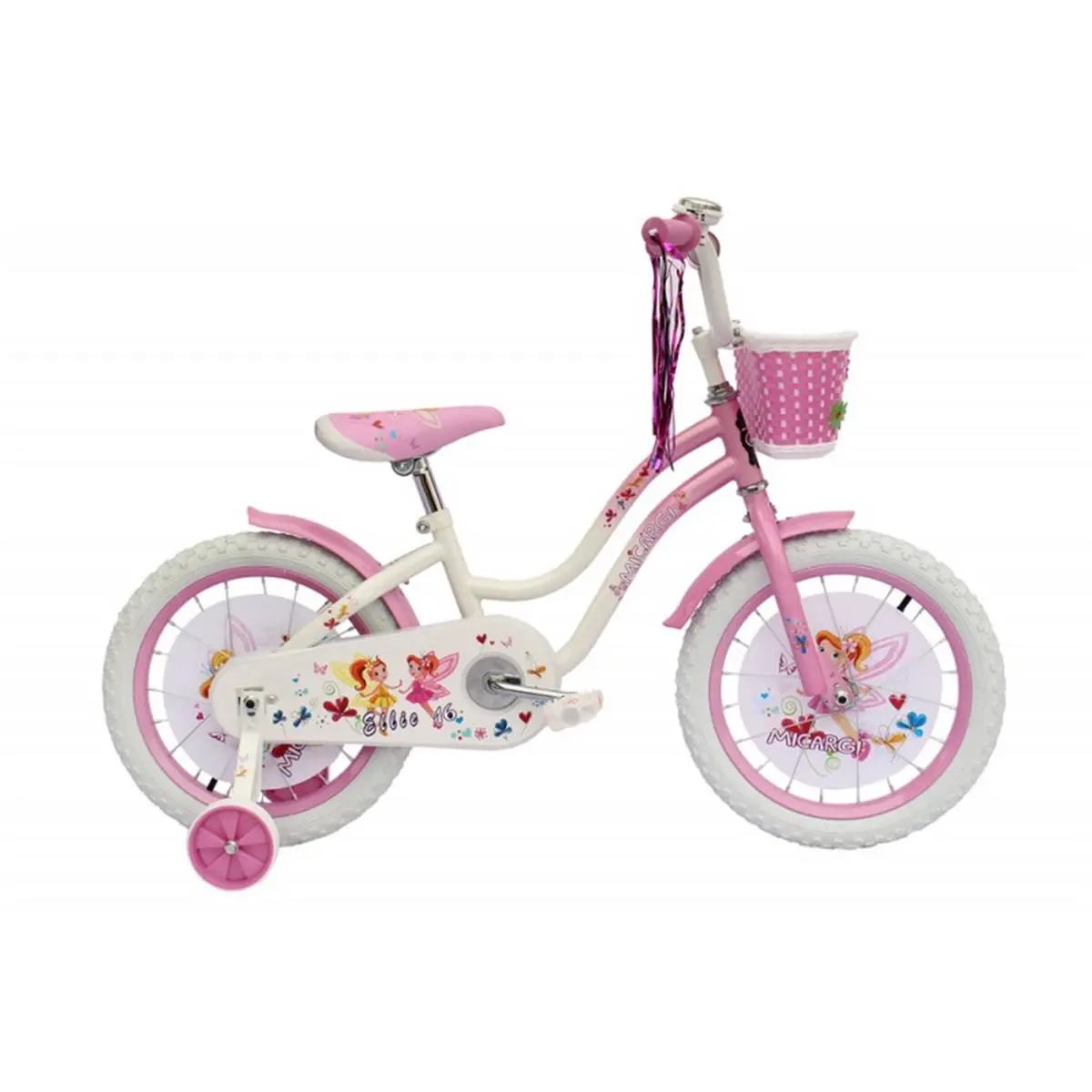 212 MAIN Ellie 16 in. Girls' Hi-Tensile Steel Cruiser Bike (25 lbs, 18" h x 7" w x 36" l) - White & Pink, Training Wheels, Pink Baskets, Bell, White Full Cover Chain Guard, CPSC Approved (Kids' Bikes & Accessories)