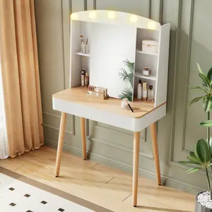 MDF Small Makeup Vanity Desk with Lighted Sliding Mirror, 2 Fluted Drawers, Big-Capacity Storage and 3 Lighting Colors (White)