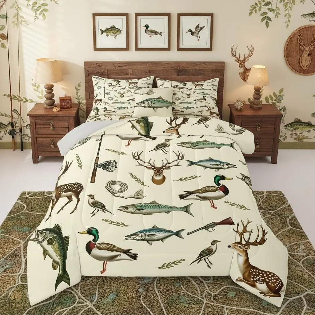 Hunting and Fishing Comforter Set Deer Hunting Bedding Set Big Bass Pike Fish Duvet Quilt Bedroom Decor Microfiber Ultra Soft Breathable