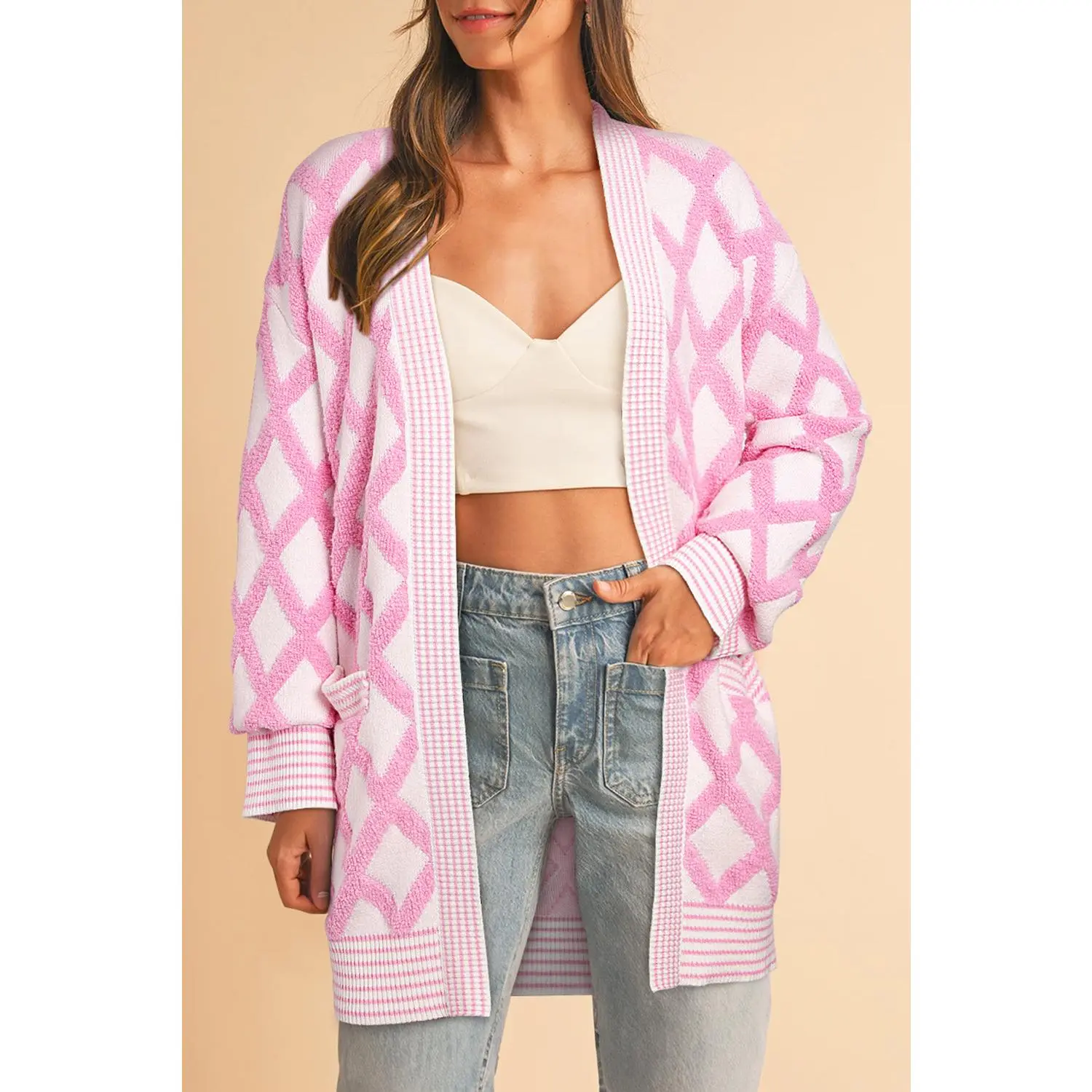 Pink Rhombus Pattern Knit Open Front Pocketed Cardigans