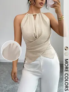 This Beaded Halter Wrap Top is Elevated Casual Chic  Asymmetrical Hem Sleeveless Blouse