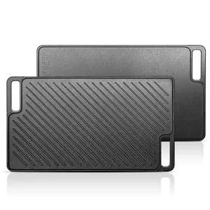 MGKKT Pre-Seasoned Reversible Ribbed Square Cast Iron Grill-Griddle Pan, Portable Tabletop Griddle Compatible with Stoves, Campfires for Korean BBQ, Kitchen Cookware Pans