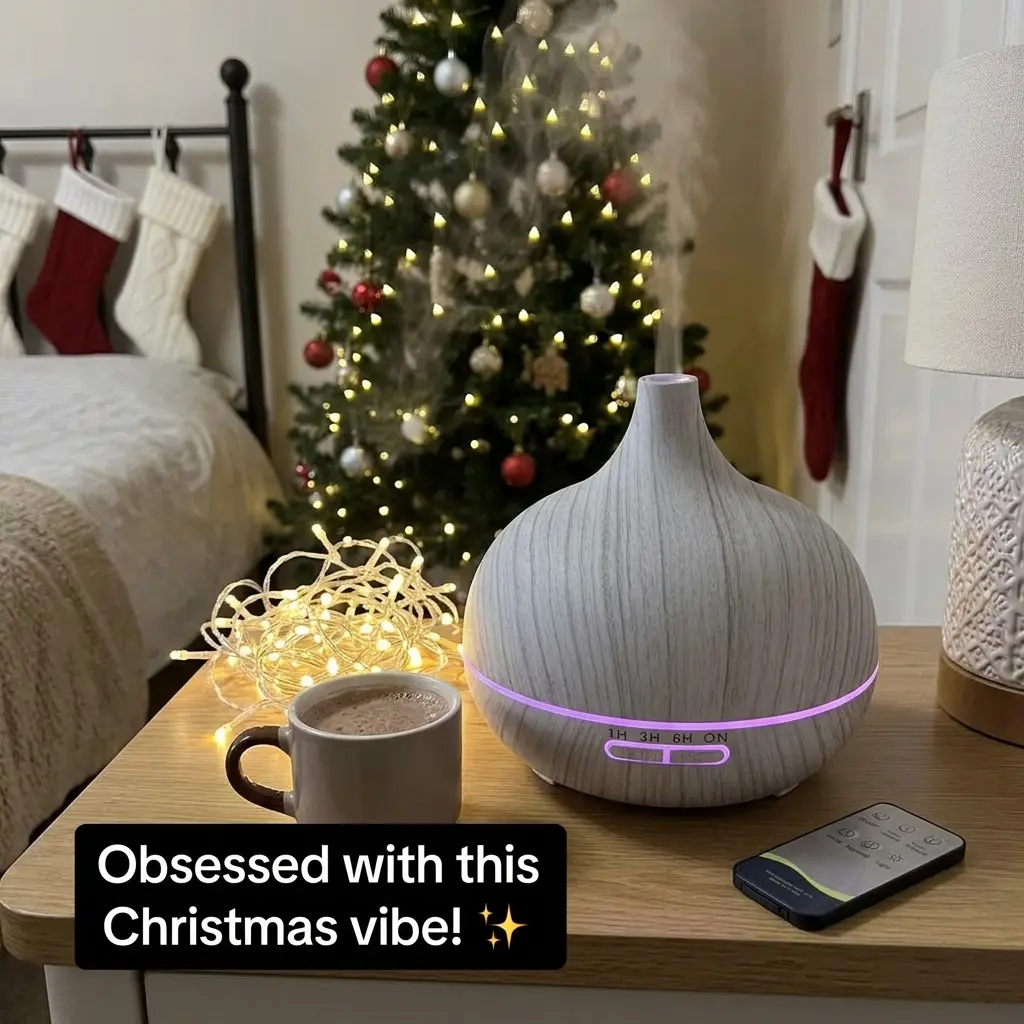 HONSUN Essential Oil Diffuser, 500ml Ultrasonic Aromatherapy Diffuser with Remote Control, White Wood Grain Cool Mist Humidifier, 7 Color LED Lights, 4 Timers, Adjustable Mist for Home, Office, Spa, Aesthetic Christmas Gift
