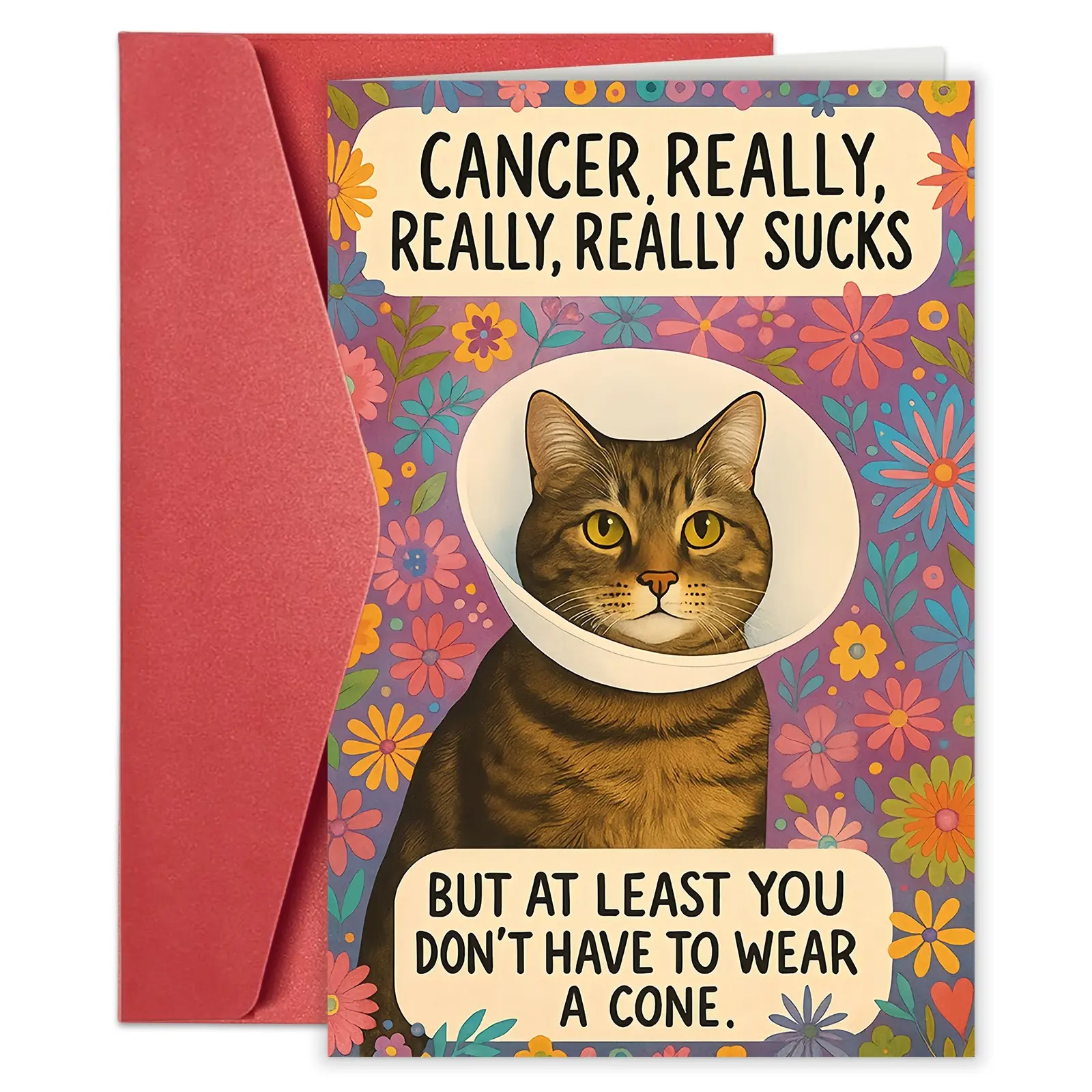 A Single Supportive Card for Cancer Encouragement Featuring a Vibrant Floral Design And a Funny Cat Message to Boost Morale in Difficult Moments. Positive Message Inspirational Greeting Card