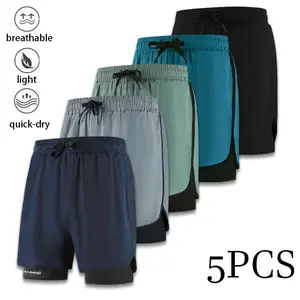 Men’s 2-in-1 double-layer quick-dry shorts with inner pockets, available in a 5-pack, suitable for summer gym workouts and training. Summer vibes, lightweight shorts, breathable quick-dry casual running fitness wear, minimalist multifunctional design. Set