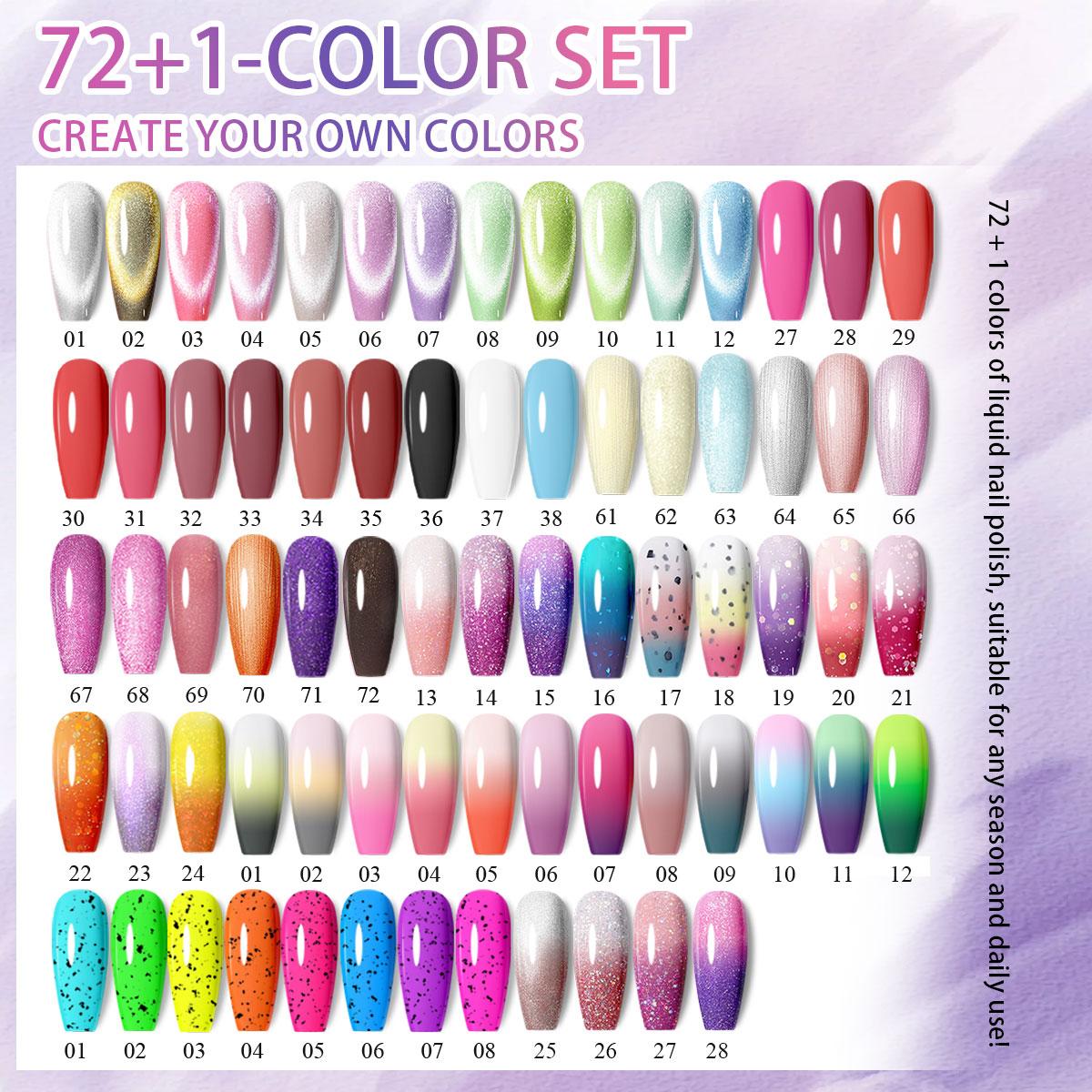 VOKY 72 Pack Gel Nail Polish Set with Magnet Tool - Ultimate Professional Collection, Cat Eye Thermal Glow Glitter Ombre, UV LED Soak Off Complete Nail Art Kit, 5-Free