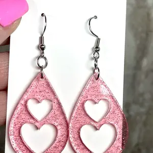Pink glitter gel double heart earrings