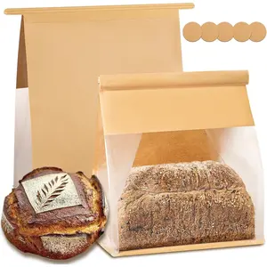Heavy Duty Large Paper Bread Bags with Tin Tie Tab Lock 50pcs, Loaf Bag with Clear Front Window, Storage Packaging Treat Bag for Bakery Cafe Homemade Bread 10.6" * 4.3" * 8.7"