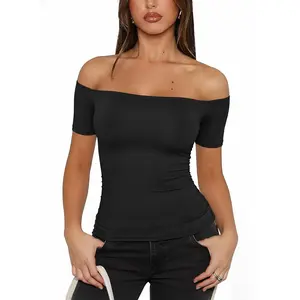 Fisoew Sports  2026 Summer Spring Women's Off-Shoulder Y2K Yoga Short-Sleeve T-shirt, High Elasticity, Solid Color, Slim Fit Basic Style, suitable for home, parties, commuting, travel,