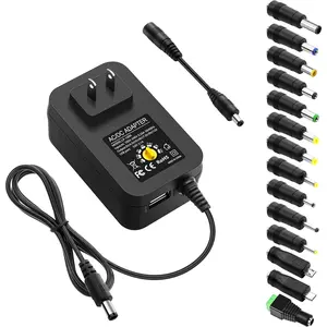 30W Universal Power Adapter Adjustable AC Adapter 100-240V 50-60Hz to DC 3V 4.5V 5V 6V 7.5V 9V 12V 2.5A Max Variable Power Supply 3V~12V 0.5A 1A 1.5A 2A with 5V 2.1A USB Port 14Tips 4.9FT Cord
