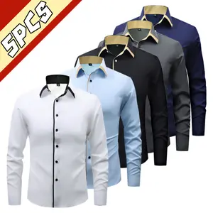 Men’s light luxury business long-sleeve shirt featuring contrast piping at the collar and placket, crafted from a smooth, drapey fabric. Five-piece set, suitable for everyday wear, casual outings, and parties