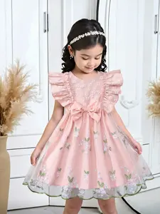 Toddler Girls' Embroidered Mesh Dress with Ruffle Bow, Leaf Print Design, Summer Casual Style, Knee Length, Perfect for Parties and Gifts