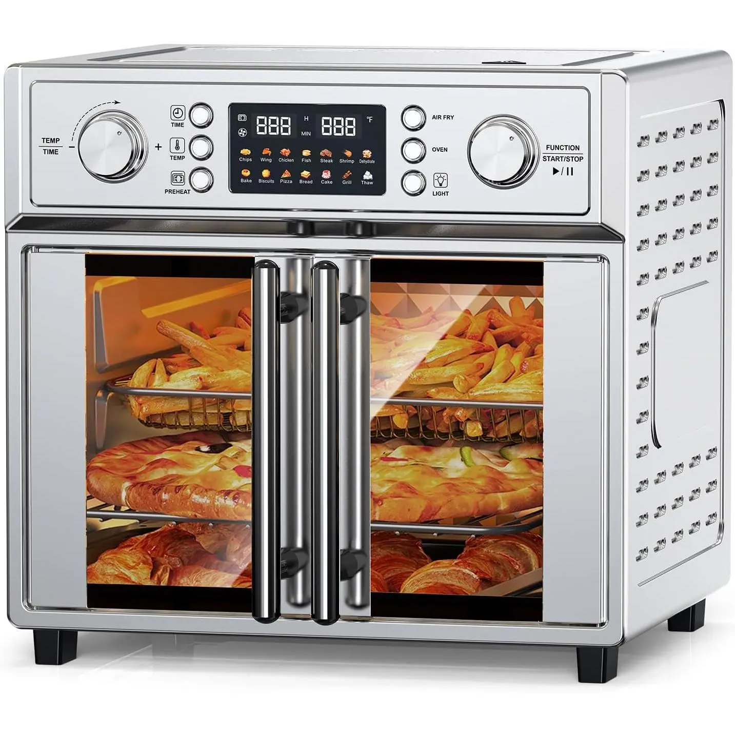 PlumChef 29.5QT Large Capacity French Double-Door Air Fryer Convection Toaster Oven - 1700W, 14 Preset Menus, 7-in-1 Multifunction (Bake, Roast, Grill, Toast, Dehydrate, Defrost), Durable Stainless Steel, Silvery, Interior Light, Crumb Tray