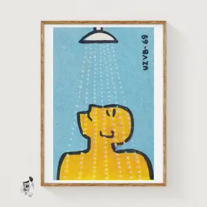 [SALE UP TO 30%] Man Under Shower Vintage Matchbox Poster, Czech Art Print, Retro Bathroom Wall Art, Stylish Home Decor, Printable Poster