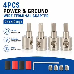 4 Pcs 0 Gauge to 4 Gauge Wire Reducer – Nickel Plated Brass Adapter for Car Audio Amplifier Power/Ground Cable, Includes Heat Shrink Tubing – Heavy Duty, Corrosion Resistant
