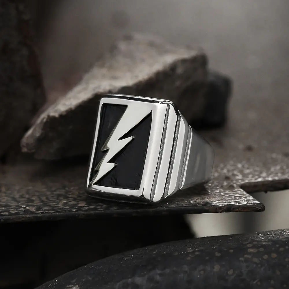 GTHIC Lightning Bolt Stainless Steel Ring Non Tarnish Statement Jewelry for Men Women Wedding Engagement Birthday Gift Durability