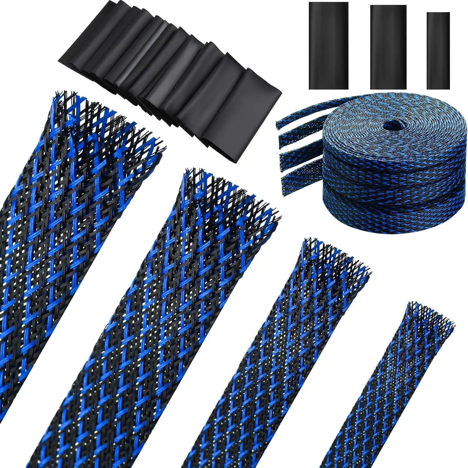 4 Colors 65.6 ft Expandable Braided Cable Sleeve Multi Size Braided Wire Sleeve with 120 Pcs Heat Shrink Tubing for Television Audio Computer Cables Video Pets,1/4 in,2/5 in,1/2 in,3/4 in(Blue, Black)