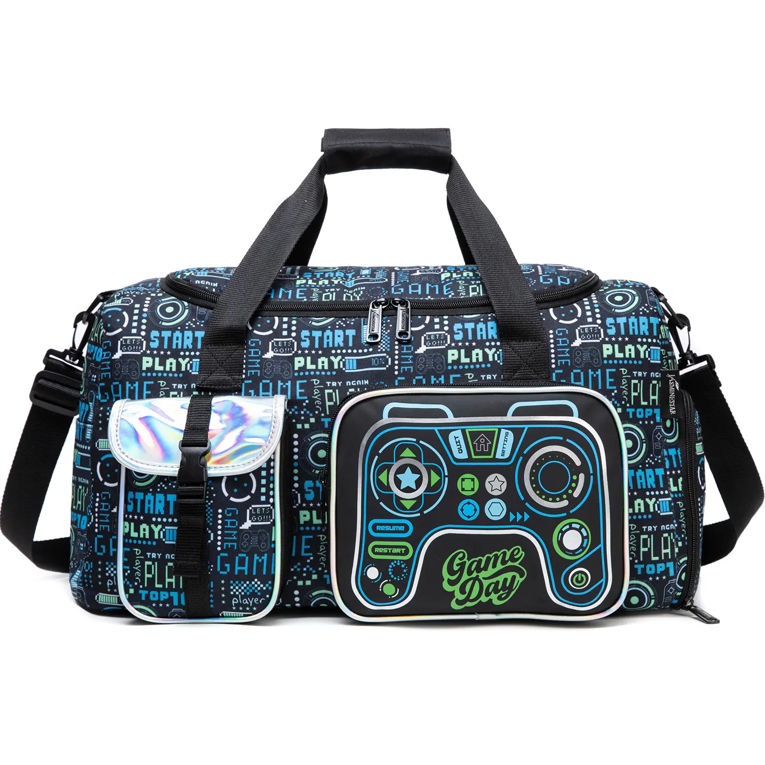 Children's Gamer Duffel Bag with 3D Controller Pocket, 20-Inch Tech-Inspired Circuit Weekender for Sports & Travel, Water-Repellent