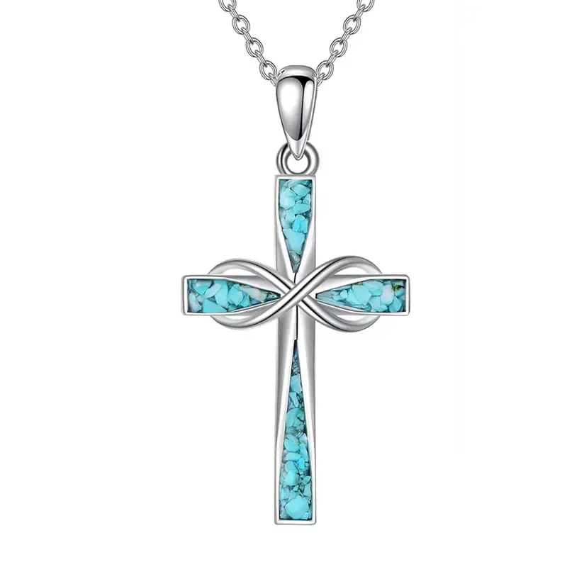 Cross Pendant Necklace, Silver Origami Design with Turquoise Stone, Religious Faith Jewelry Gifts for Women and Men, Cross Design Necklace, Faith Necklace
