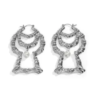 Silver Pearl Bamboo Earrings