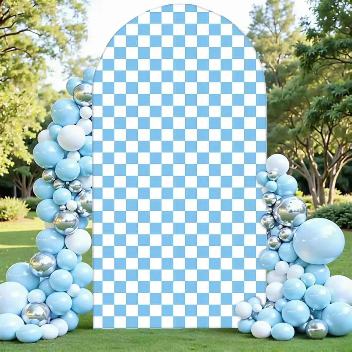 Stretchy Elastane-Spandex Arch Covers (Stand Not Included) - 6ft-7.2ft Frame Stretch Backdrop Wraps Set, Easy-Display Home Party Decorations for Weddings, 1st Birthday, Plaid Blue Baby Shower Decor, Festive Supplies