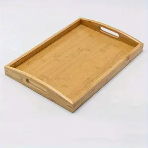 1pc Bamboo Wooden Serving Tray - Large Rectangular Bamboo Dish with Rounded Edges & Sturdy Sides, Dining Table, Parties, Holidays - Multi-Purpose Appetizer, Dessert, Beverage Tray (Bamboo Wood)