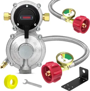 RV  2-Stage Auto Changeover LP  Gas Regulator with Two 18" RV Pigtail  Stainless Braided Hoses with Gauge, Dual  Tank Regulator for RVs, , ,Camper