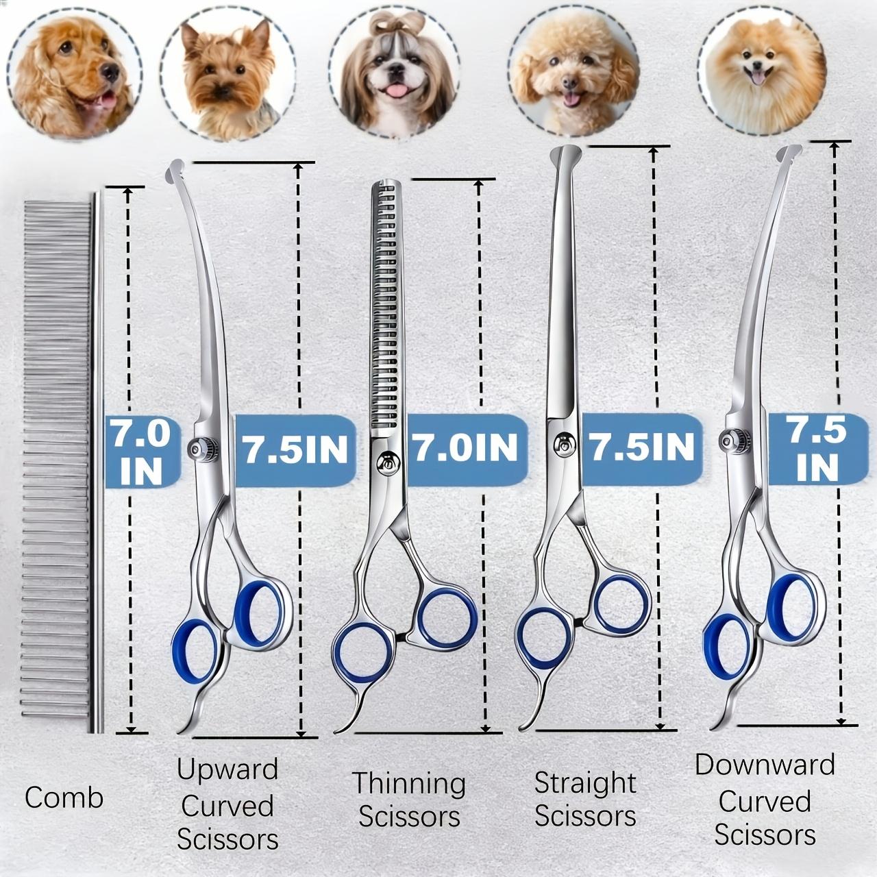 7-in-1 Professional Stainless Steel Dog Grooming Scissors With Safety Round Tip, Titanium Coated Heavy Duty Dog & Cat Grooming Scissors Set With Straight & Thinning & Curved Scissors & Comb, Pet Grooming Scissors Kit For Dogs, Cats & Other Animal