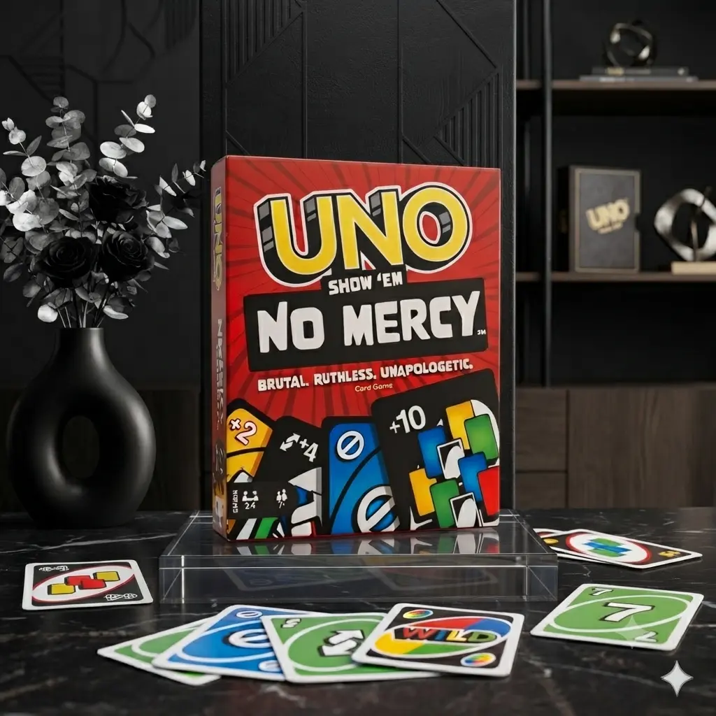UNO Show 'Em No Mercy Card Game – The Ultimate Family Party Game. A brutal twist on classic UNO featuring wild action cards, +10 penalties, and ruthless gameplay. Perfect for game nights, parties, friends, and family fun.