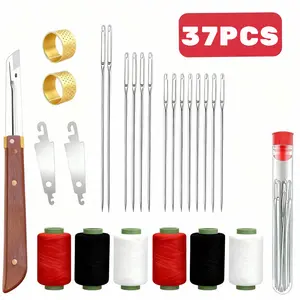 37PCS Big Eye Steel Needles Set Portable Hand Repair Tools for Adults Beginners Include 25 Steel Needles 1 Seam Thread Ripper 2 Threaders 6 Threads 2 Thimbles Durable Sewing Supplies