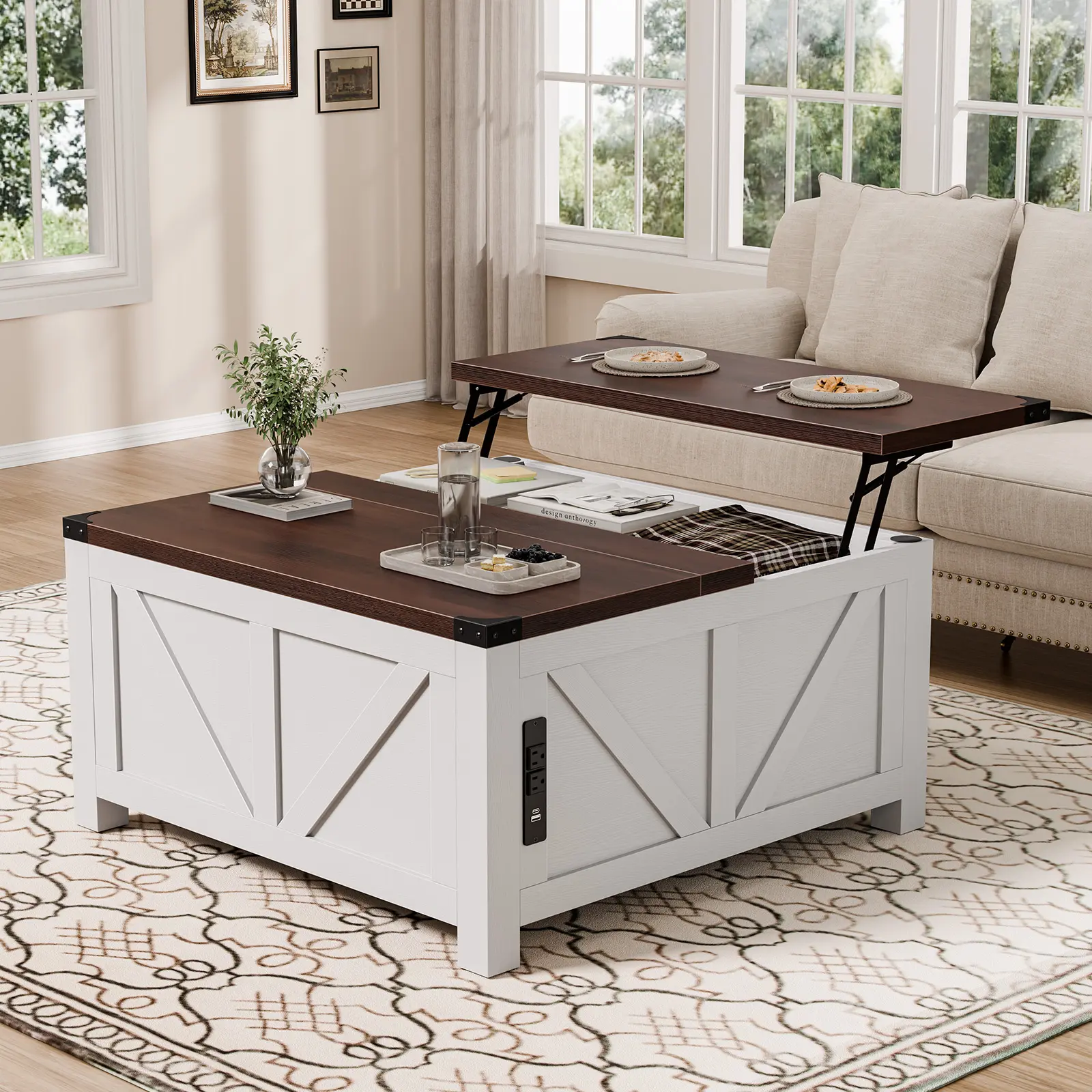 Farmhouse Lift Top Coffee Table with Charging Station and Storage - 35.5 Inch Square Wood Table with USB/Type-C & AC Outlets, Hidden Storage for Living Room Home Office,White and Brown