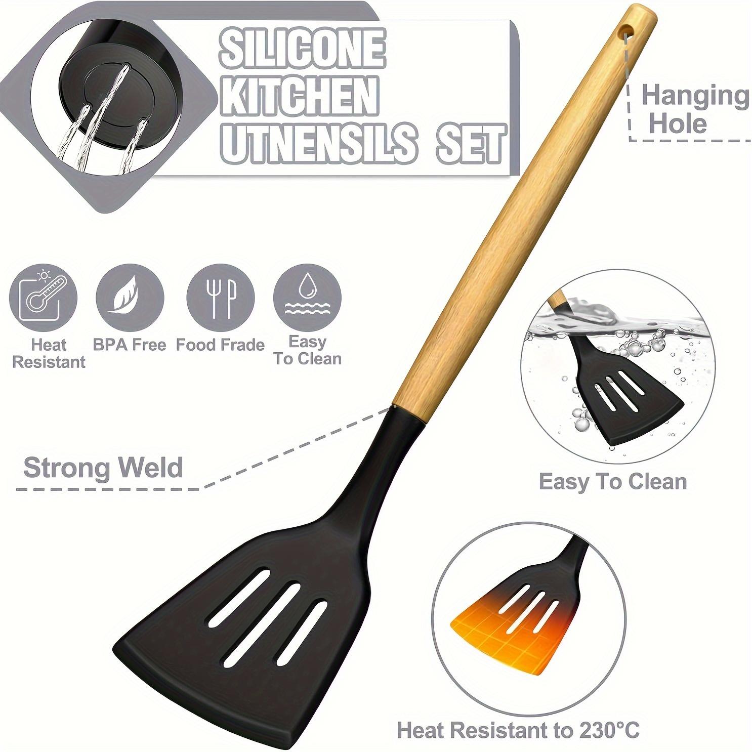 34PCS Silicone Kitchen Utensils Set – Heat Resistant Cooking Tools with Wooden Handles & Holder, Nonstick Safe Set for Nonstick Cookware, Black Wooden Handles Kitchen Gadgets Tools Set Father Gift