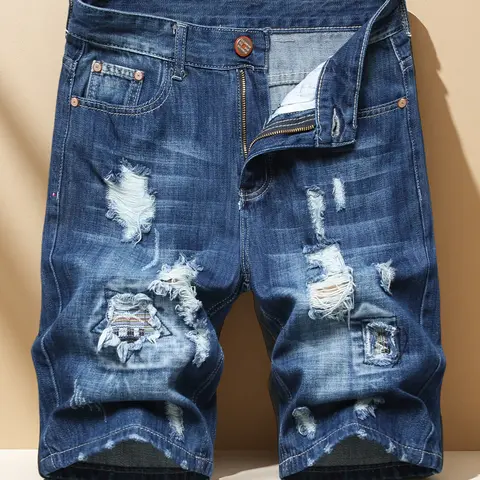 Men's Fitted Distressed Patchwork Denim Shorts - Casual Slim Street Style, Mid-Length Fit, Random Patches, Belt-Free, European-American Streetwear Fabric Jorts, Street-Chic Holes, Grunge Graphic Design