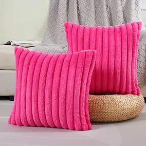 Hot Pink Striped Decorative Throw Pillow Covers 18x18 Inch Set of 2,Square Winter Decorations Couch Pillow Case,Soft Cozy Faux Rabbit Fur & Velvet Back,Modern Home Decor for Bed