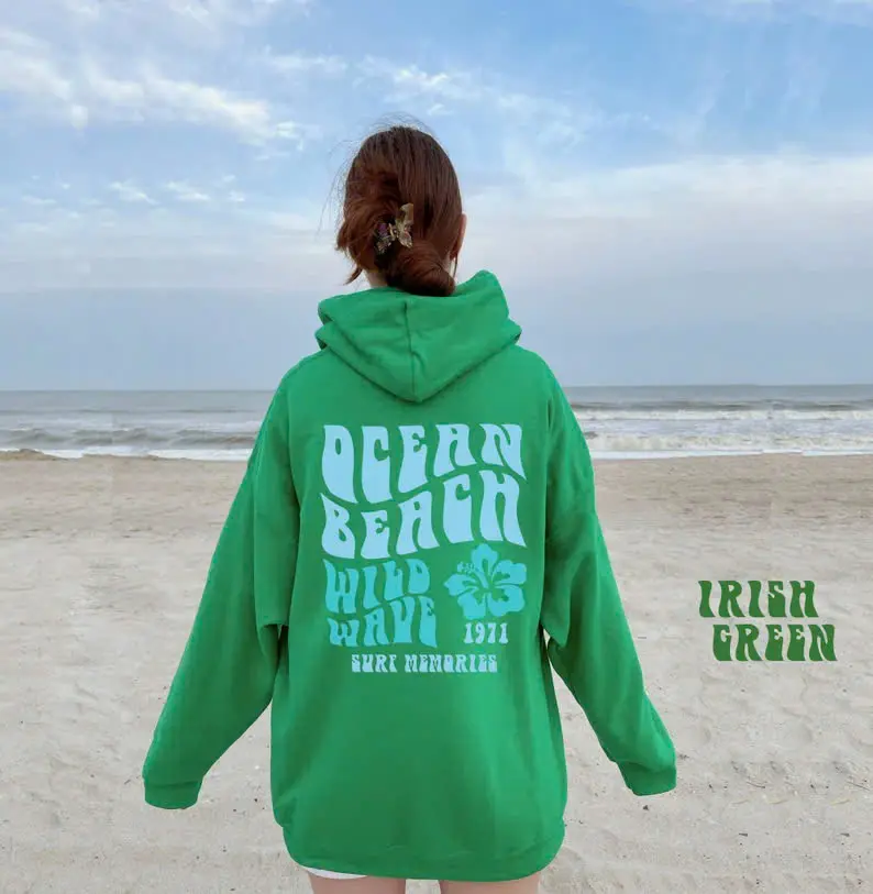 Ocean Beach Back Print Hoodie, Summer Surf Hoodie, Coconut Girl Aesthetic Hooded Sweatshirt, Oversized Trendy Beach Hoodies, Hibiscus Flower