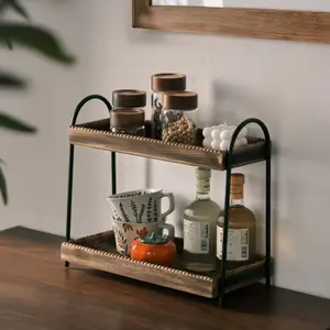 Multi-Layer Wooden Iron Desktop Storage Rack for Kitchen and Bathroom, Movable Moisture-Proof Organizer for Makeup and Spices, Bathroom Organizing Accessories