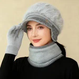 Women'S Winter Warm Ear Protection Hat & Scarf Set,Beret Hat with Visor Brim,Women's Fleece-Lined Thickened Warm Caps