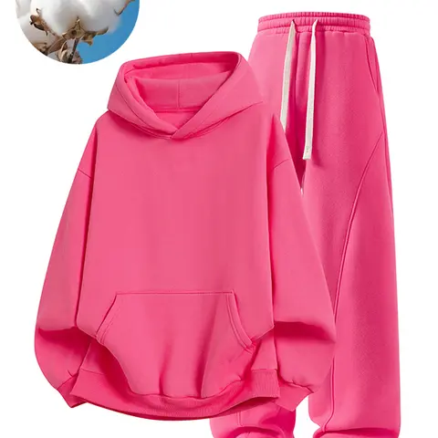 Women's Solid-Color Cotton Street-Style 2-Piece Hoodie & Pants Set - Loose Fit, Wide-Leg, Casual, Gift-Ready, Multi-Color, Unisex Design, Matching Sets for Women, 2 Piece Sets Women