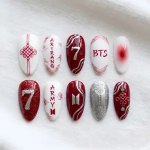 Luxury Red & Silver 3D Knot Press On False Nails, Arirang Custom Design, Oriental ARMY Gift for Beauty Enthusiasts