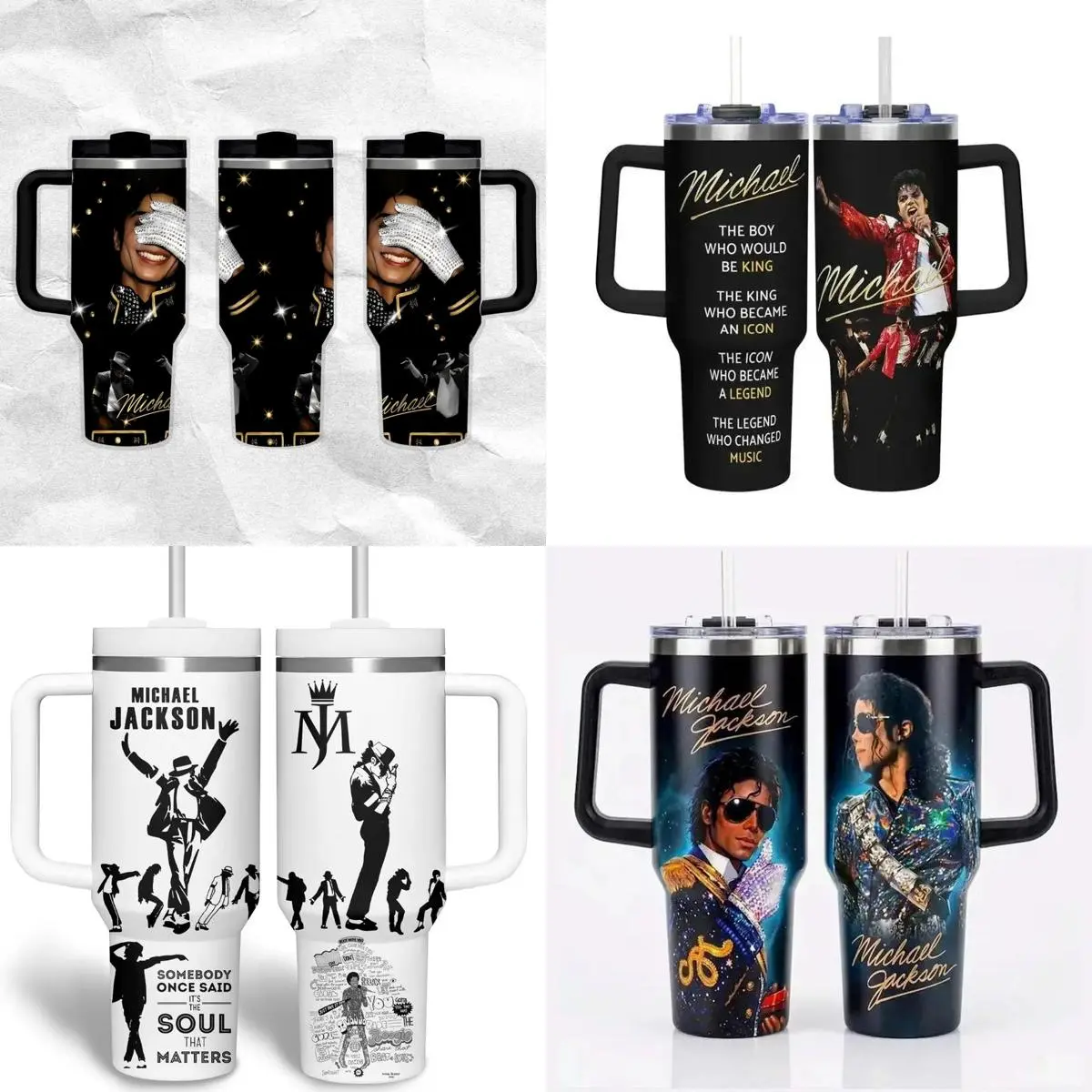 [Collection] Michael Jackson Stainless Steel Insulated Coffee Tumbler - 20oz/40oz V2 Vacuum Flask with Reusable Lid, Straw, Sturdy Handle, Portable King of Pop Fan Gift Idea