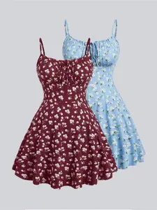 Women's Floral Print Knitted Bodycon Spaghetti Strap Skater Dress, featuring an elegant, simple, and versatile floral pattern. Perfect for sweet vacations, dates, beach outings, and concerts, this dress exudes a sexy bohemian vibe ideal for summer getaway