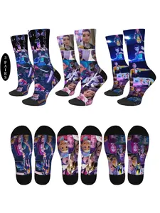 3 pairs of fantasy-themed anime, Anime print, cartoon K-POP demon hunter girl group pattern mid-calf socks for men and women, comfortable, warm, breathable, non-slip, crew socks for travel, holidays, parties, versatile, creative collectible gifts