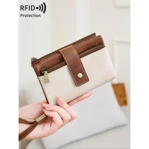 Women's RFID Blocking Wallet, Lightweight Zipper Design, Fashionable and Secure, Vintage Style Multi-Card Holder, Casual Business Travel Use, Rfid Wristlet