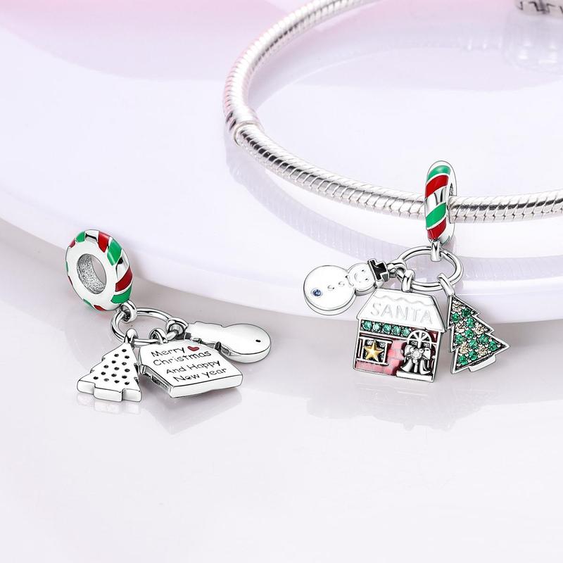 MULA 925 Silver Plated Snowman and Christmas Tree Pendant | Festive Enamel and Sparkling Zirconia | Holiday Jewelry for Women and Girls | Fits Pandora Bracelets and Necklaces | Perfect Christmas Gift