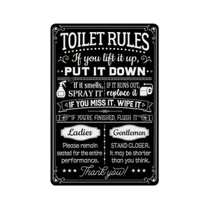 Funny Toilet Rules Metal Sign, Vintage Black Bathroom Wall Decor, Humorous Restroom Tin Sign for Home, Bar, Restaurant, 8x12 inch Waterproof Aluminum Plaque with Pre-drilled Holes