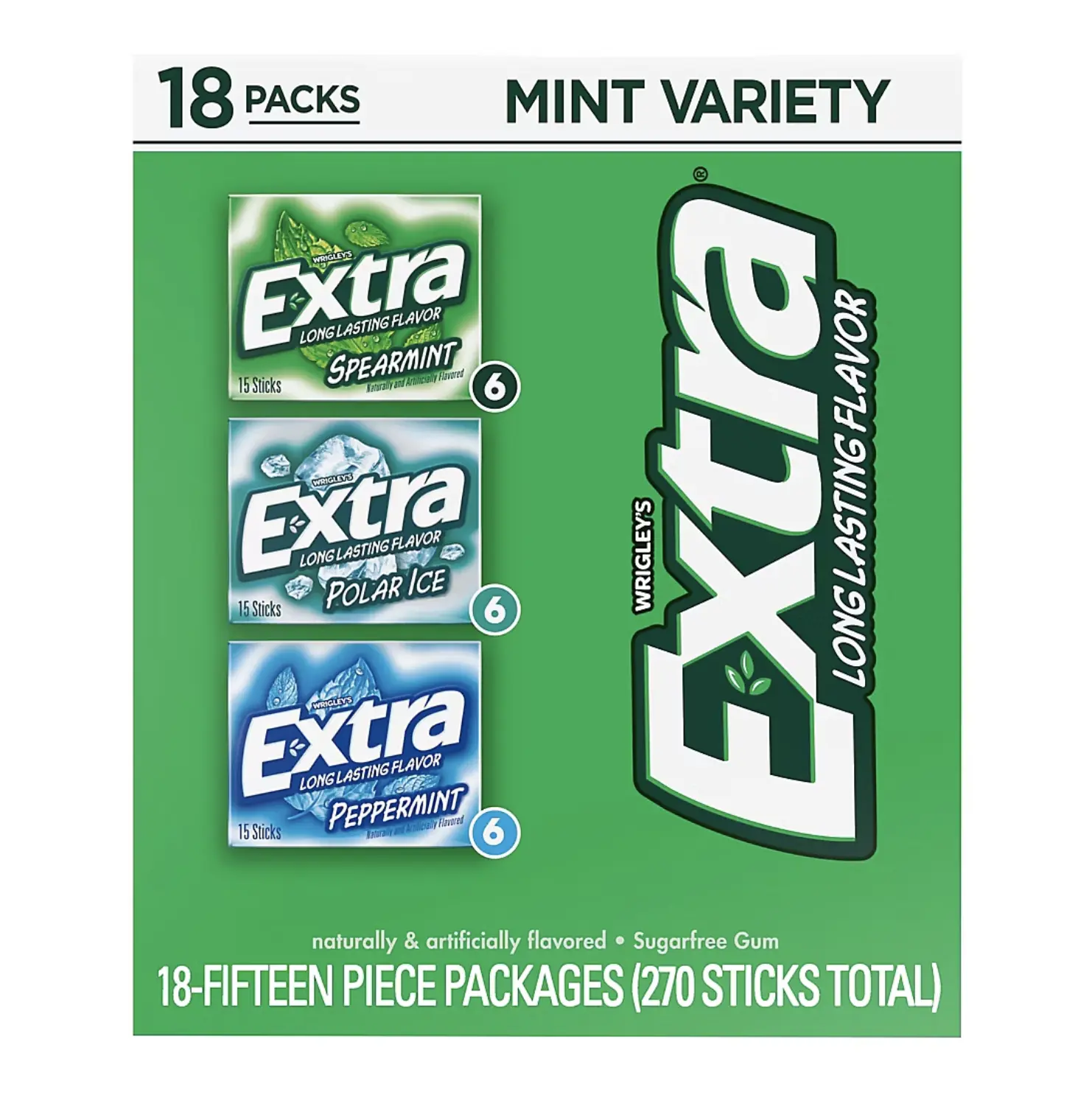 Extra Gum Mint Variety Pack, Spearmint, Polar Ice and Peppermint, 15 Pieces Per Pack, 18 packs Sugar-Free Chewing Gum