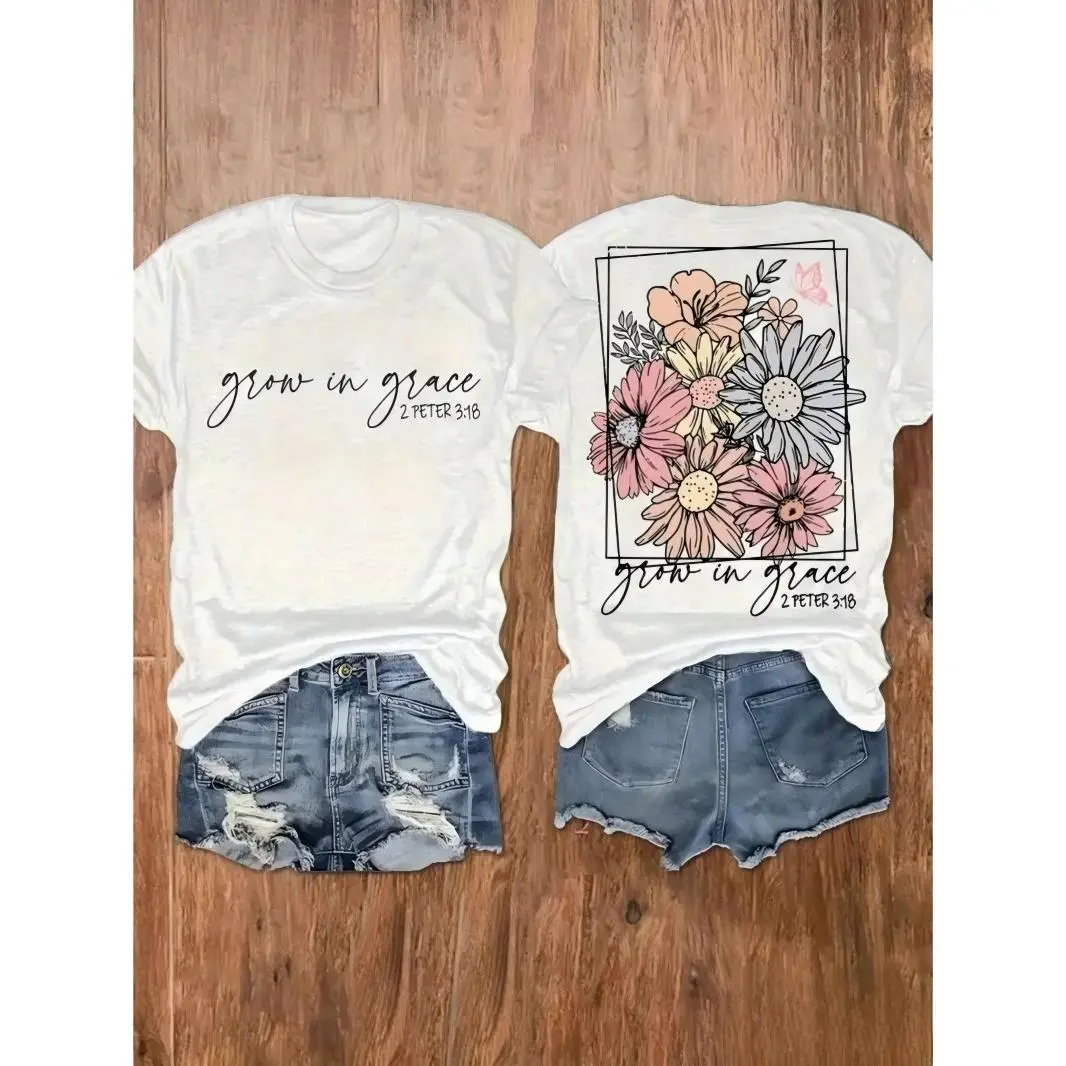 Women's Grow In Grace Floral Graphic T-Shirt - Short-Sleeve Round Neck Soft Cotton Streetwear Top, Inspirational Faith Verse Casual Summer Everyday Outfit Shirt, Shortsleeve, Tshirt