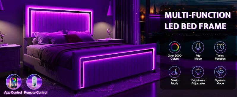 AMERLIFE Modern Upholstered Platform Bed Frame with 4 Storage Drawers and LED Light, Adjustable Headboard with Vertical Channel, No Box Spring Needed/Christmas Gift/Best Gift Ideas