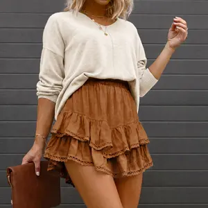 Woman's Brown Ruffle Skort Soft Comfortable High Waist Layered Lace Hem Flare Skirt Shorts Vintage Caramel Color Casual Outfit For Streetwear Campus Date Travel Ins Style Fashion